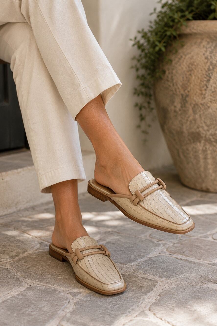 KAANAS Croc Embossed Leather Mule Loafers Beige Taupe Size 8